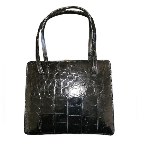Vintage 1950's Escort Bag Black Croc Embossed Leather Small Tote - Picture 2 of 11